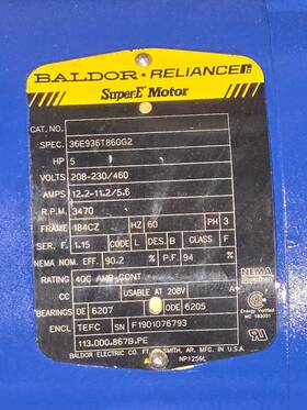 36e936t860g2 Baldor 5hp 3600 184cz Tefc 3ph Spec
