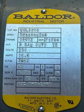 Wwl3606 Baldor Electric Motor 3 Hp 3450 Rpm 1 Ph 184z 230 V 1974 Unisaw