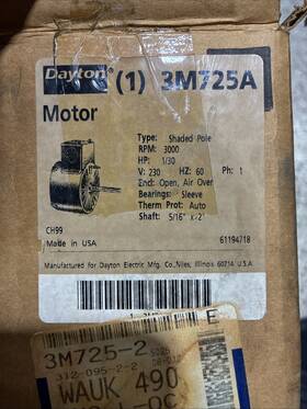 3m725a Dayton Motor 1/30 Hp 60 Hz 230 Volt 1 Ph Model 3000 Rpm