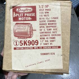 5k909 Dayton Split Phase Electric Motor 1/3hp 1/2 Inch Shaft 1725rpm 115v Parts Only