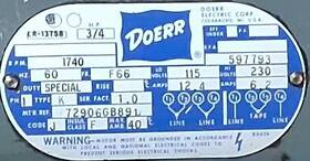 72906g8b891 Doerr F66 3/4 Hp 1740 Rpm Ac Electric Motor 115/230v 60hz Class F 12.4a