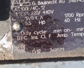 3489451-05 G. Bauknecht Ag A 100l/4c-12 Induction Motor 3ph 5.5hp 220/440v 60hz 1700rpm Te