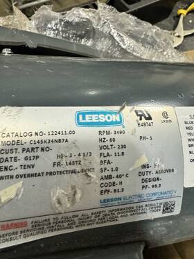 122411.00 Leeson Crop Dryer Motor 3-4 1/2 Hp 1 Ph 60 Hz 230 V 3600 Rpm / Used