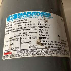 673-48 Marathon Electric Motor Part. Me 673-48/56 Ss 1/2 Hp Rpm 1725 Hz 60 115v Pre Own