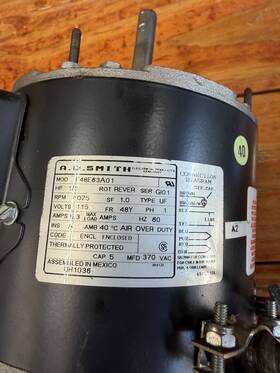 F48e63a01 Rpm 1/3 Hp-1075 Rpm-115v- 5.3amp Ao Smith Electric Motor Model F48e63a01- 1/2 Shaft