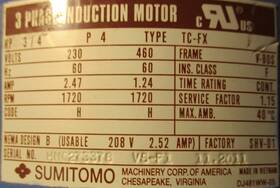 8100048053 Sumitomo 3 Phase Induction Motor 3/4hp 1720 Rpm 1.15 Sf 1 9/64 Shaft Dia