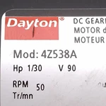 Nib Dayton 4Z538A Gearmotor, 90VDC 1/30HP, 26IN-LBS, 50RPM, With Connector. Fixed Price $450.00.