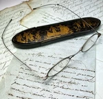 Antique C.1780-1830 Sterling Silver Folding Spectacles, Gold Figural Etui, Case. Fixed Price $400.50.