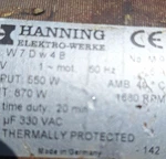 Hanning Elektro-werke W7DW4B Induction Motor 115V Ac 60HZ 7.6A 1680RPM. Fixed Price $100.00.
