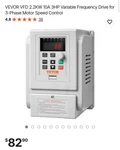 Vevor 2.2 Kw 10A 3HP Inverter Vfd Phase Motor Speed Control. Fixed Price $60.00.
