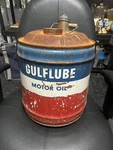 Vintage 5 Gallon Gulflube Motor Oil Can Wooden Handle - Empty. Fixed Price $85.95.